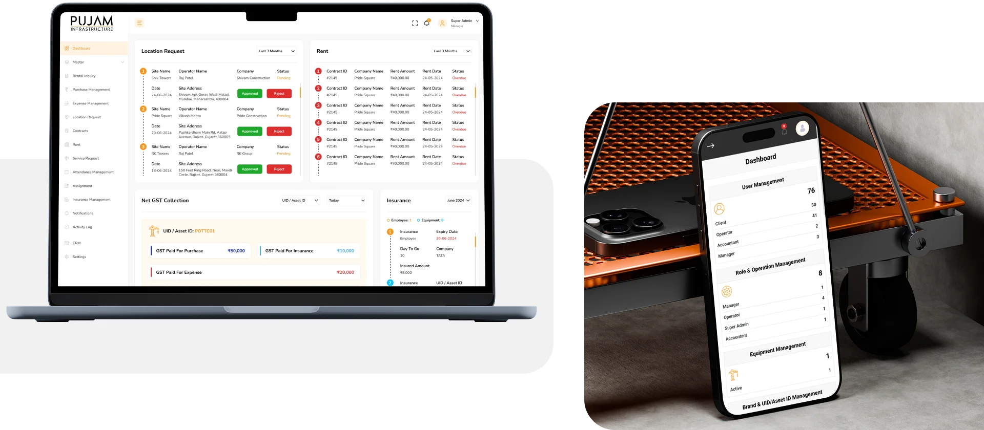Pujam equipment rental ERP dashboard - project overview screen